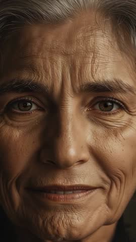 Vertical close-up pulling focus on senior woman smiling calmly in warm soft interior light