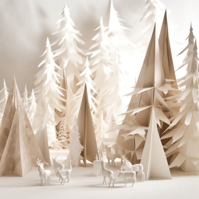 White origami forest and woodland animals in winter, created using generative ai technology. Nature, seasons, wildlife and paper craft concept digitally generated image.