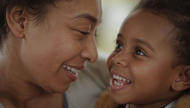 Smiling mom leaning toward daughter closeup showing affectionate bond and joyful laughter