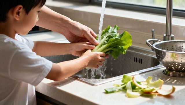 Parent guiding child rinsing fresh lettuce under running faucet in bright kitchen sink