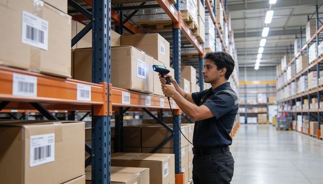 Warehouse worker scanning barcodes on cardboard boxes in modern logistics center