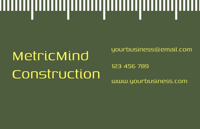 Business card featuring construction company details with a modern design. Uses a clean green background with a metric scale at the top. Includes email address, phone number, and website information in clear, readable font. Ideal for promoting construction businesses, improving corporate identity, and professional networking. Perfect for contractors, architects, and construction professionals.