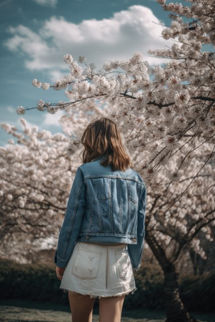 A woman wearing a denim jacket and white skirt stands among blooming cherry blossoms in a park. The bright sky and abundant flowers create a scenic and tranquil atmosphere. Ideal for themes related to nature, springtime, leisure, tranquility, fashion, and seasonal beauty.