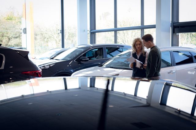 Saleswoman discussing over brochure with customer while standing by cars in showroom