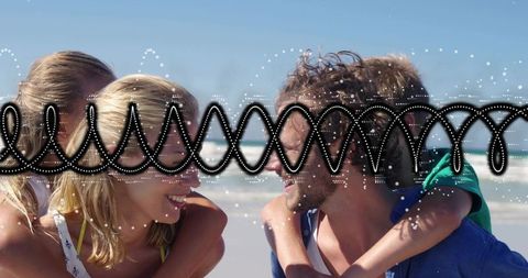 Parents Giving Piggyback Rides on Sunny Beach with Kids, Ocean Waves, Decorative Overlay