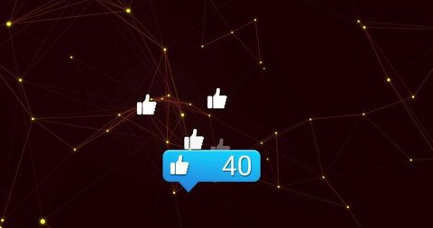 Social likes counter floating over neon network with glowing nodes and digital connections