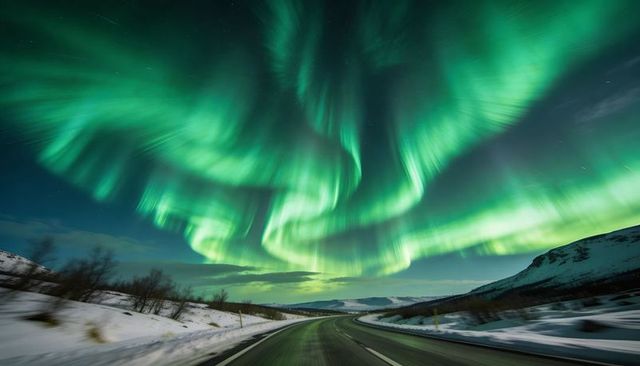 Vivid aurora borealis swirling over snow-covered highway through arctic mountain night