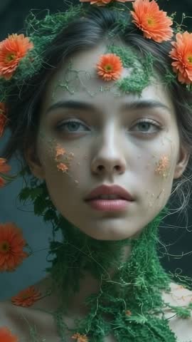 Vertical botanical beauty portrait featuring model blinking with vine and daisy makeup