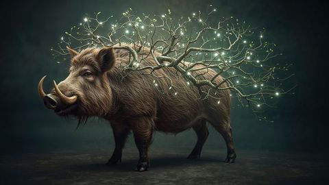 Mystical Wild Boar with Glowing Tree Branch Antlers