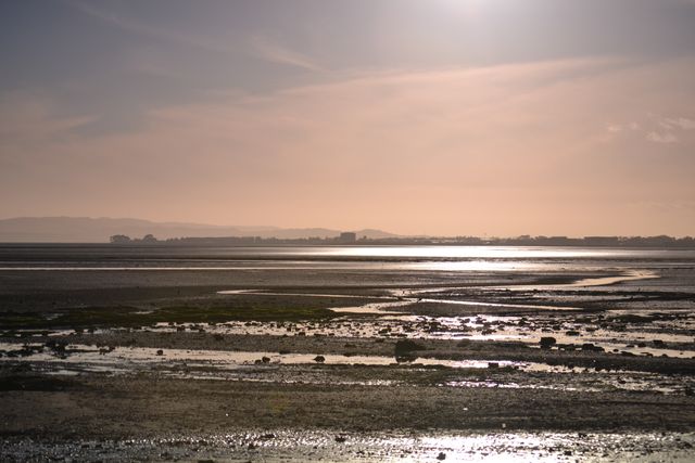 Scene showing a calm coastal landscape at low tide with a stunning sunset. Warm light reflects on the wet sand and water, creating a peaceful and tranquil setting. Ideal for use in travel brochures, nature websites, relaxation and meditation apps, and environmental campaigns.