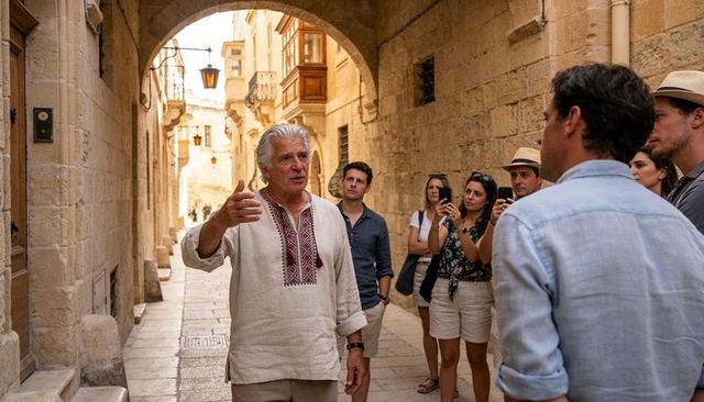 Elderly guide gesturing while leading walking tour in historic stone alley, tourists filming