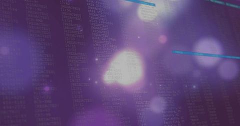 Streaming redacted alphanumeric columns with neon purple bokeh and cyan highlights
