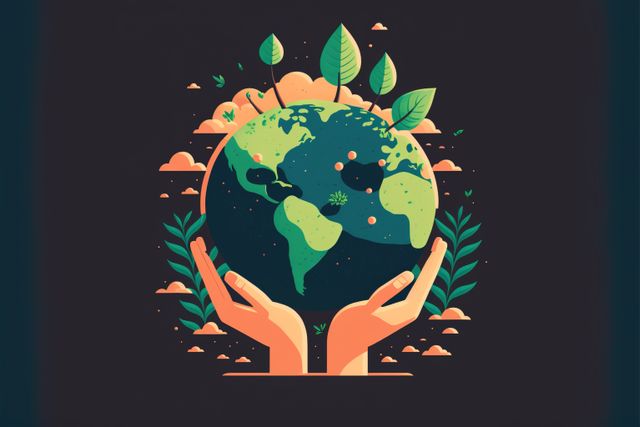 Hands embracing globe with overgrowing plants and leaves, created using generative ai technology. Earth day and ecology concept digitally generated image.