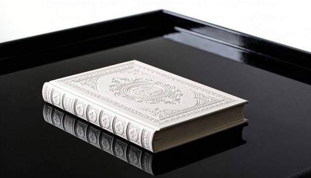 Reflecting ornate white embossed hardback book on glossy black tray with mirror reflection