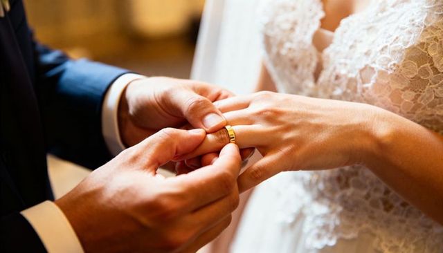 Placing gold wedding band on bride finger during intimate lace wedding ceremony closeup