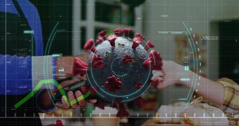 Digital render of virus overlaid on futuristic technology background