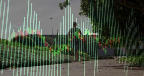 Female Jogger Running through Urban Park with Financial Data Overlay Concept