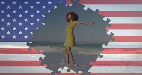 Woman Dancing on Beach Amid USA Flag Puzzle Design