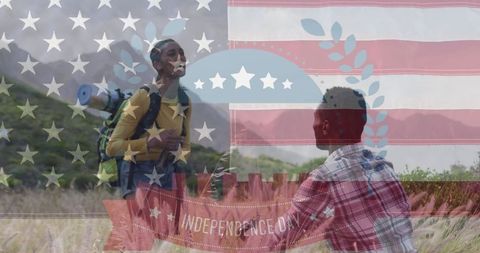 Diverse Couple Hiking Celebrating Independence Day