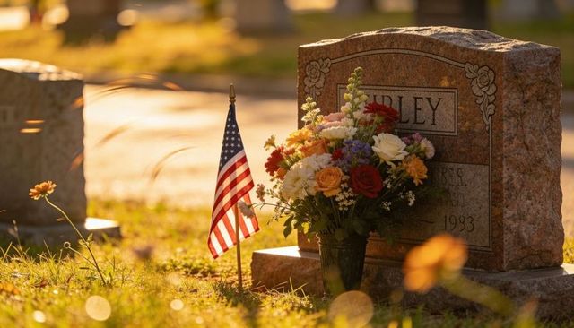 Sunlit granite headstone catching golden light with american flag and colorful floral bouquet