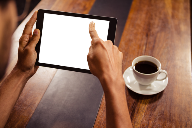 Hands Pointing at Tablet Holding Coffee on Transparent Table - Download Free Stock Videos Pikwizard.com