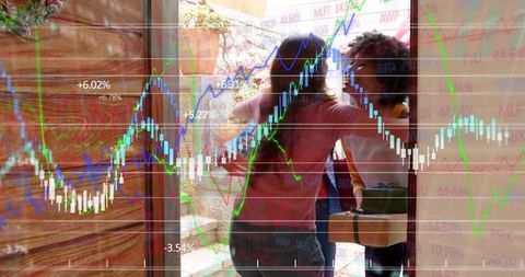 Neighbors hugging at doorstep while exchanging package with financial charts overlay