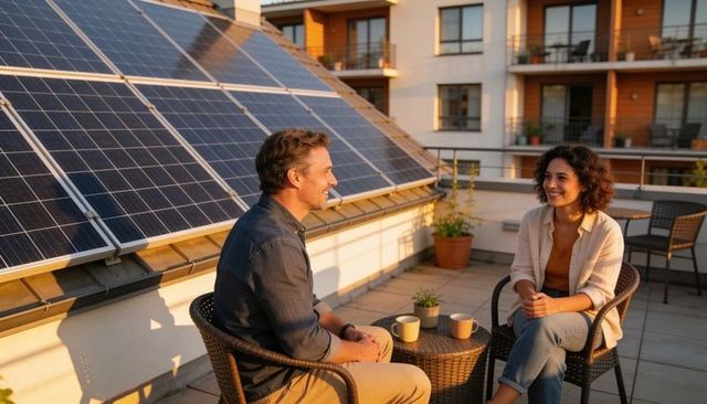 Couple chatting on rooftop terrace beside solar panels at golden hour, relaxing sunlit chat