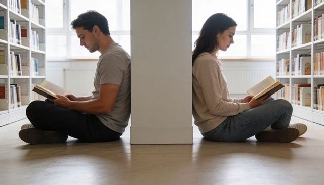 Two adults reading back-to-back on floor in bright library aisle with natural light