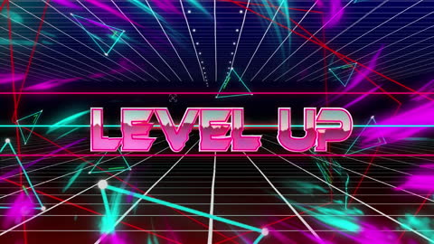 Retro Level Up Text with Neon Abstract Background