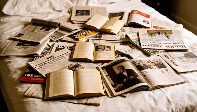 Open books, newspapers and magazines scattered across bed creating cozy reading clutter