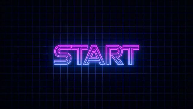 Glowing Neon Start Sign on Retro Digital Grid Background