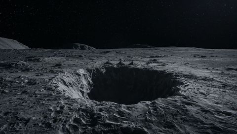 Lunar crater camp under starry sky with three tents on rim, desolate moon landscape