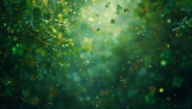 Shimmering clover canopy glowing with green bokeh, golden pollen and magical light, spring