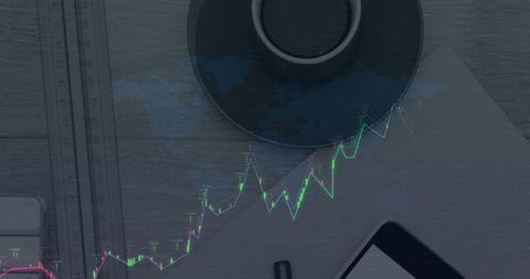 Financial analytics overlay with mobile and coffee workspace
