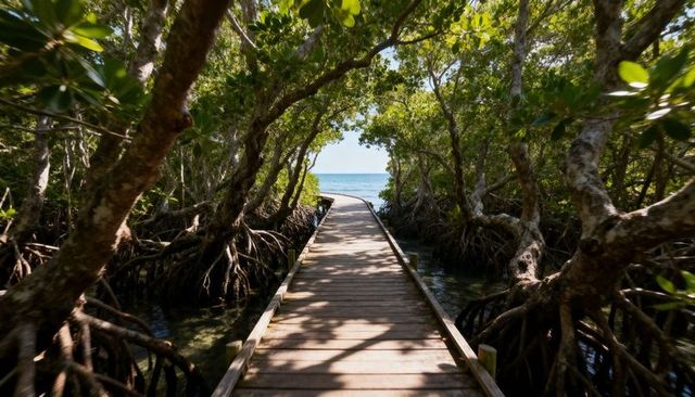 Sunlit wooden boardwalk through mangrove tunnel leading to calm blue ocean horizon