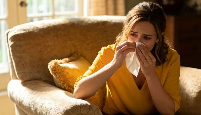 Tearful woman crying on sunlit living room armchair holding tissue and wedding ring