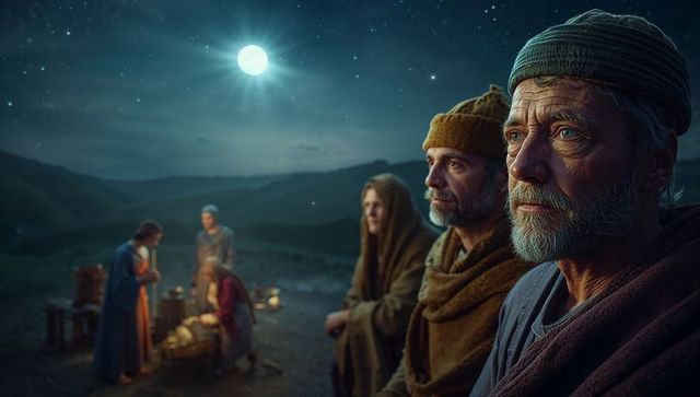 Contemplative evening on moonlit hillside with community