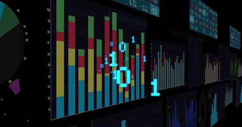 Neon analytics dashboard with stacked bar charts and glowing binary code overlay