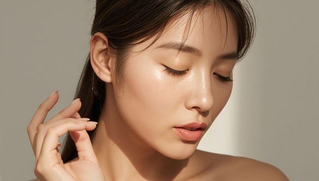 Serene asian woman with dewy skin and closed eyes portrait showcasing natural soft beauty