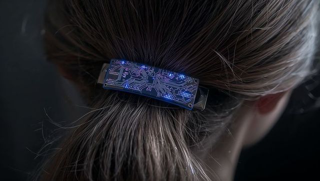 Woman wearing circuit board hair clip with blue led glow on low ponytail