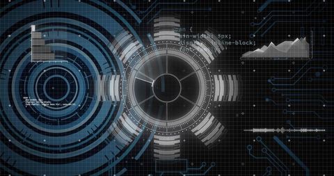 Futuristic hud dashboard with rotating reticle, concentric rings, data charts and waveform