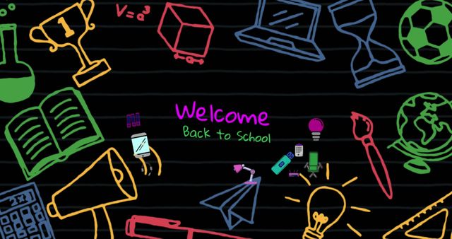 An illustration with colorful doodles of various school supplies and a 'Welcome Back To School' message on a blackboard-like background. Useful for educational materials, school newsletters, back-to-school promotions, classroom decorations, and social media posts welcoming students back to school.