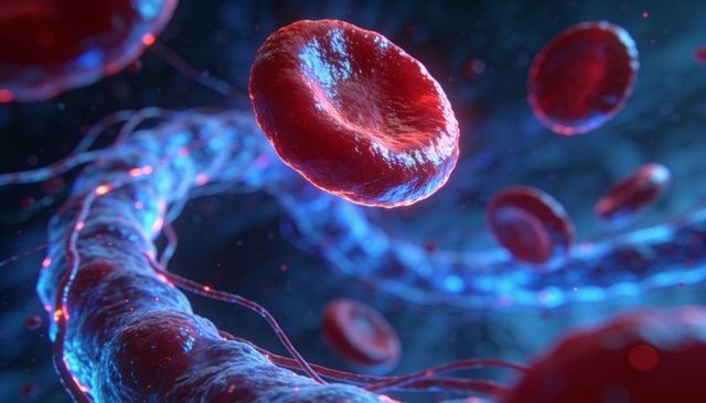 Bioluminescent red blood cell floating through microvessel with glowing fibrils