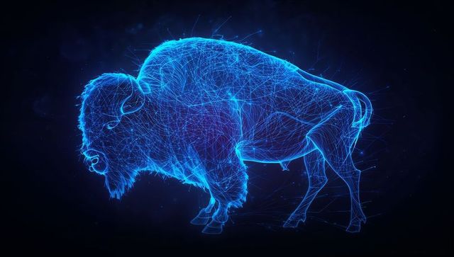 Glowing wireframe bison pulsing in neon cyberspace with holographic particle trails