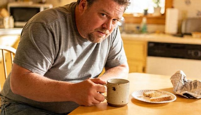 Contemplative middle-aged man leaning forward holding mug at rustic kitchen table