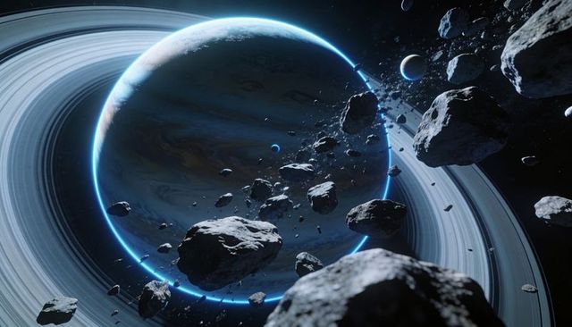 Approaching blue ringed gas giant with illuminated rings, asteroid field and distant moons