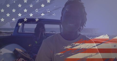 Summer Road Trip with American Flag Overlay