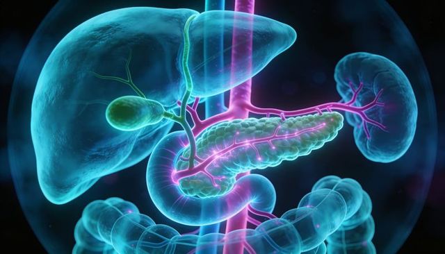 Neon 3D anatomy showing translucent pancreas ducts and vascular network with liver kidneys