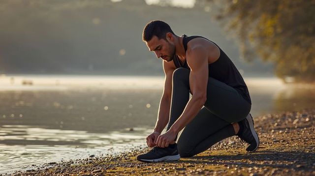 Male Runner Tying Shoe on Pebbled Lakeshore at Golden Hour Preparing for Morning Run
