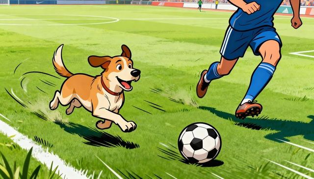 Cartoon dog chasing soccer ball along sideline with player in blue kit, stadium action